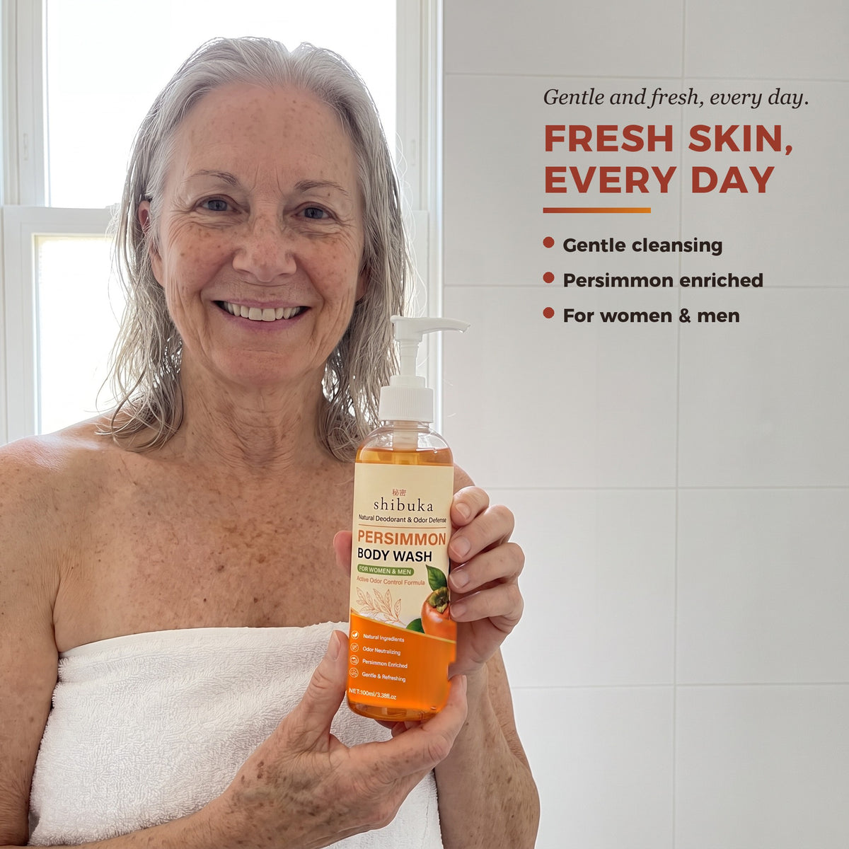 Woman holding Shibuka Persimmon Body Wash