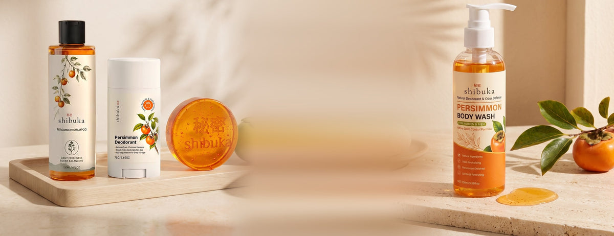 Shibuka persimmon shampoo, deodorant, bar and body wash