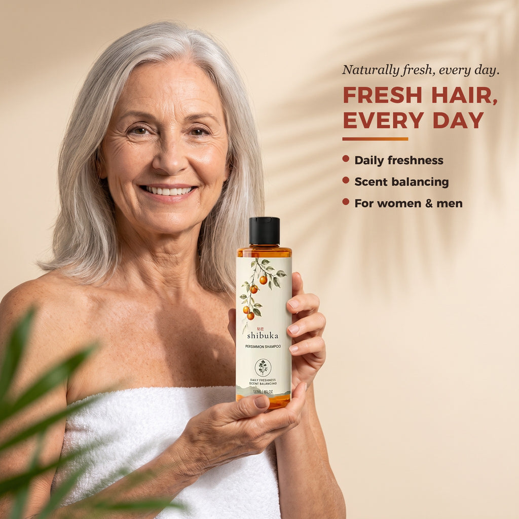 Woman holding Shibuka Persimmon Shampoo
